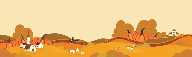 Panorama Vector illustration of Countryside landscape in autumn,banner of farm house.The yellow foliage mountains or hill with pumpkinns,falling leaves,barn and cattle cow and horse.
