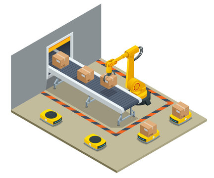 Isometric yellow robotic arm carry cardboard box in warehouse. Automated warehouse. Autonomous robot transportation in warehouses