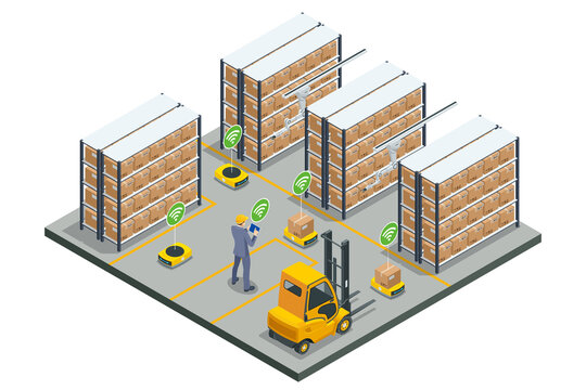 Isometric automated warehouse robots. Modern logistics center. Automated warehouse. Autonomous robot transportation in warehouses