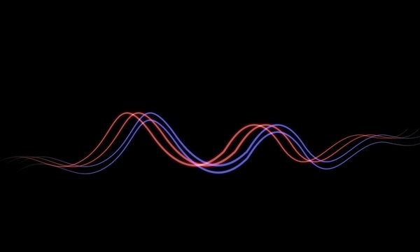 Black image with red and blue neon stripes in the shape of a sine wave