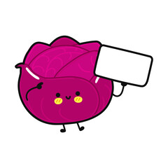 Cute funny red cabbage with poster. Vector hand drawn cartoon kawaii character illustration icon. Isolated on white background. Red cabbage think concept