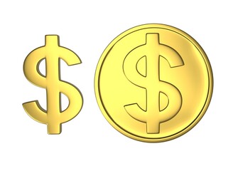 Gold coin and sign dollar on a white background 3d-rendering