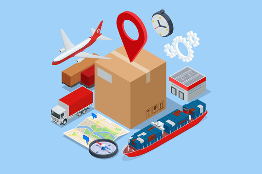 Isometric Global Logistics Network. Air cargo trucking rail transportation maritime shipping On-time delivery Vehicles designed to carry large numbers of cargo