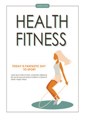 Promo flyer with woman doing fitness training. Sport, Workout, Healthy lifestyle, Gym, Fitness, Training. Vector illustration for poster, banner, special offer, advertising.