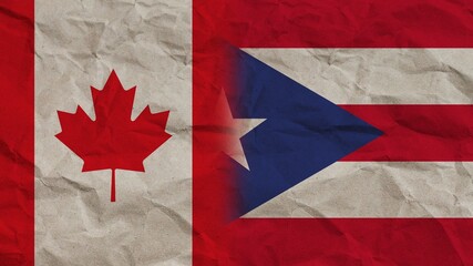 Puerto Rico and Canada Flags Together, Crumpled Paper Effect Background 3D Illustration