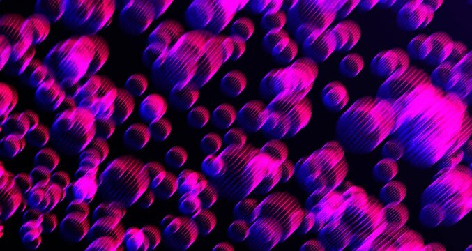 Distorted stream of neon bubbles on dark surface. Blurry 3d render of glitch gradient in fast flowing spheres. Colorful digital artifacts with geometric lines with purple pattern