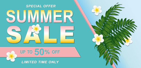 Summer sale banner, hot season discount poster with tropical leaves and plumeria flowers. Invitation for shopping with 50 percent off. special offer card, template for design.