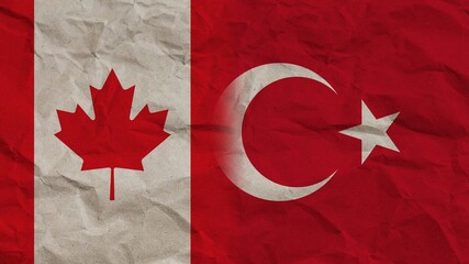Turkey and Canada Flags Together, Crumpled Paper Effect Background 3D Illustration