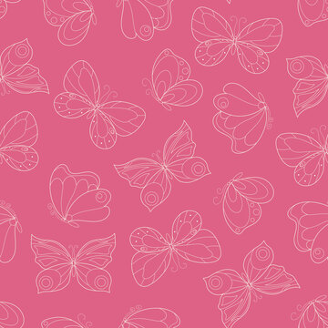 Seamless vector pattern with cute hand drawn butterflies. White line objects isolated on pink background. For wrapping paper, card, gift, fabric, textile, banner, wallpaper, package, web.