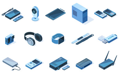 Isometric wireless 3d technology electronic gadgets equipment. Tablet, headphone, tracker devices vector illustration set. Wireless network electronic devices