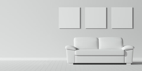 White empty interior with white modern sofa. Three blank mockup canvases on the wall. Template for design. Presentation concept. 3D render. Parquet.