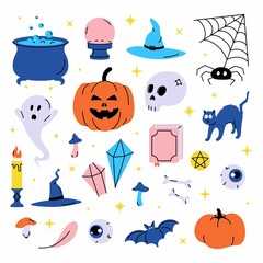 Set vector illustration of trendy cute Halloween trick or treat design elements, such as bat, bones,  pumpkins, cats, and more. Perfect for invitations, stickers and packaging.