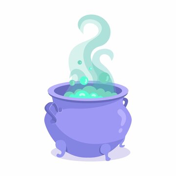 Halloween witches violet cauldron with poison potion isolated on white background. Icon image of magical boiling and bubbling pot. Flat cartoon style vector illustration.