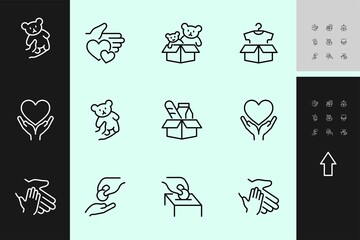 Charity Icon Set Donations, Vector linear Icons, set has a box of clothes, a parcel with toys, A manifestation of kindness. Editable stroke. isolated icons. Helping the poor