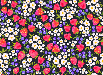 Seamless pattern with colorful small flowers, strawberries, raspberries and blueberries