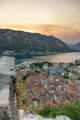 Fototapeta na wymiar View on the old church and Kotor bay from above, Montenegro