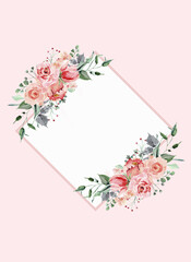 Pale leaves and flower doodles - botanical design banner. Floral pastel watercolor border frame for invitation.