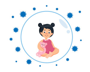 Concept illustration about vaccination of children. Little girl character in protective bubble