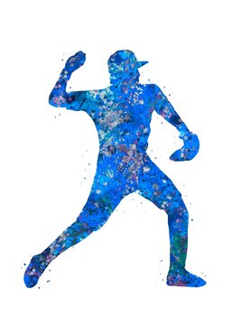 Baseball Player Pitcher blue watercolor art, abstract sport painting. blue sport art print, watercolor illustration artistic, decoration wall art.