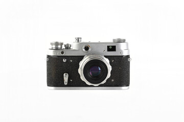 The old 35 mm film rangefinder camera on white background.