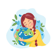 Girl hugs planet Earth with love and care. The concept of love, care and keeping the Earth healthy. Vector eco illustration of Earth day and saving planet. Save our planet. 