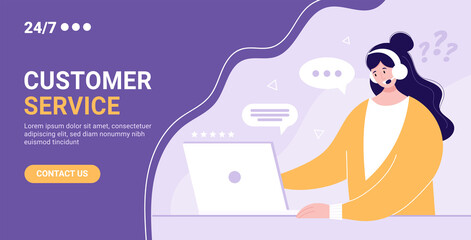 Customer support, call center landing page. Smiling female character with headsets and laptop talking with client.  Hand drawn vector illustration. Online support 24/7. Web banner template..