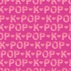 Seamless background. K POP lettering isolated on pink background. Polygonal image. Pink lettering decorated with hearts. Expression of love for Korean popular music. 