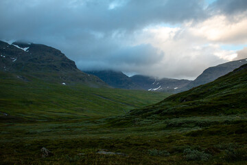 Moody weather at Kungsleden trail near the Viterskalet hut, Lapland, Sweden