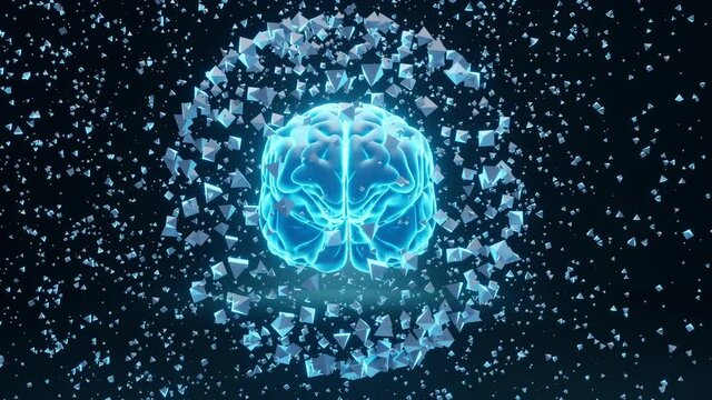 3D motion graphic animation of a spinning brain surrounded by particles symbolizing thoughts or elements of a organic or artificial intelligence.