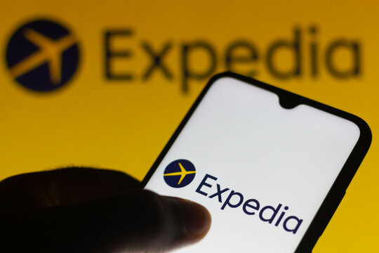 August 10, 2021, Brazil. In this photo illustration the Expedia logo seen displayed on a smartphone.