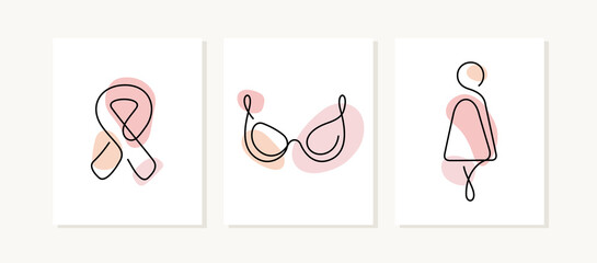 Breast cancer awareness cards. Continuous line vector illustration.