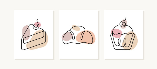 Pastries posters. Continuous line vector illustration.