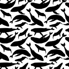 Whale silhouettes black and white seamless pattern