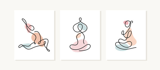 Yoga posters. Modern continuous line pastel coloured vector illustration.