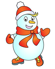 Snowman In Hat, Scarf and Mittens - vector full color winter picture for cards or banners. Snowman in boots waves his hand. A cheerful children's picture with a snowy character.