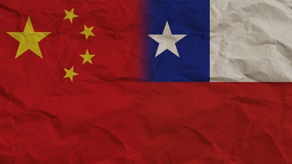 Chile and China Flags Together, Crumpled Paper Effect Background 3D Illustration