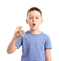 Little boy with letter O on white background