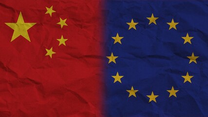 European Union and China Flags Together, Crumpled Paper Effect Background 3D Illustration
