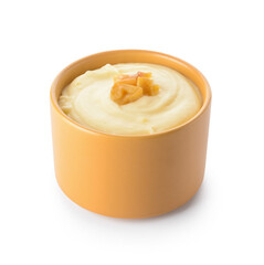 Bowl of tasty mashed potatoes with garlic on white background