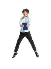 Jumping little schoolboy on white background