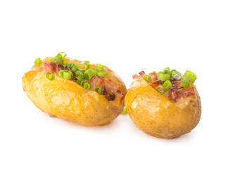 Baked potato with ham and cheese on white background