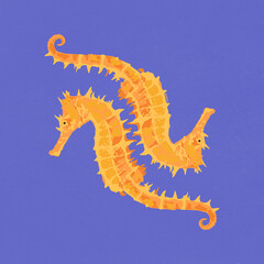 Pareja de caballitos de mar amarillos, ilustración sobre fondo morado
