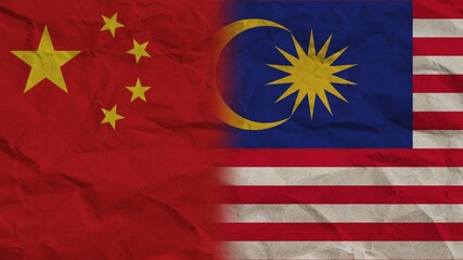 Malaysia and China Flags Together, Crumpled Paper Effect Background 3D Illustration