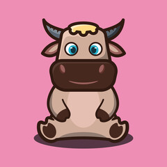 vector illustration of 
cute buffalo is sitting ,cartoon animal concept