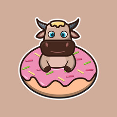 vector illustration of
cute buffalo hugging a donut ,cartoon animal concept