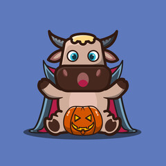 vector illustration of 
cute buffalo wearing dracula costume ,cartoon animal concept
