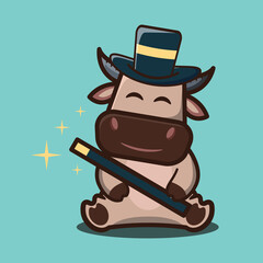 vector illustration of 
cute buffalo carrying a magician's hat and wand ,cartoon animal concept