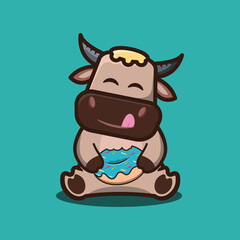 vector illustration of 
buffalo eating donuts ,cartoon animal concept