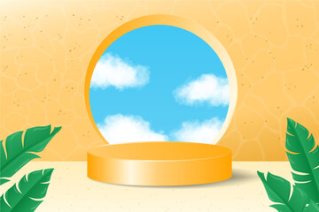 Beautiful Tropical 3d display yellow podium decoration in yellow nature background with realistic clouds and tropical plants. Product presentation suitable for summer.