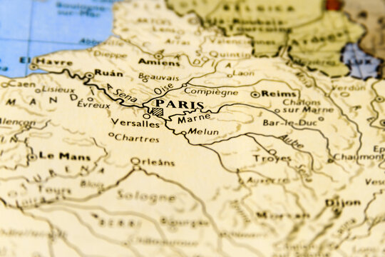 Buenos Aires, Argentina - October 26, 2017: Close-up macro of map of France with focus on Paris